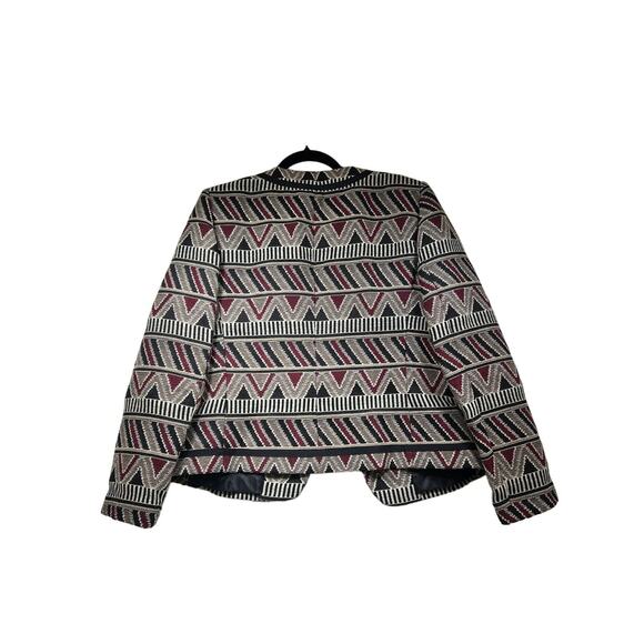 Tahari ASL Geometric Tribal Printed Black Red Tan Open Blazer Jacket Womens 10 - Picture 2 of 16